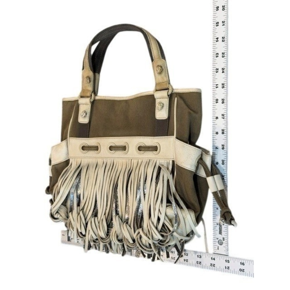 Katherine Kwei Olive Canvas‎ Leather Fringe Tote Bag Boho Knotted Shoulder Purse - Picture 6 of 10